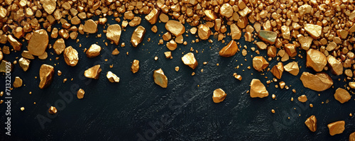 Golden nuggets of varying sizes scattered across a dark, textured surface, conveying a sense of luxury and wealth. photo