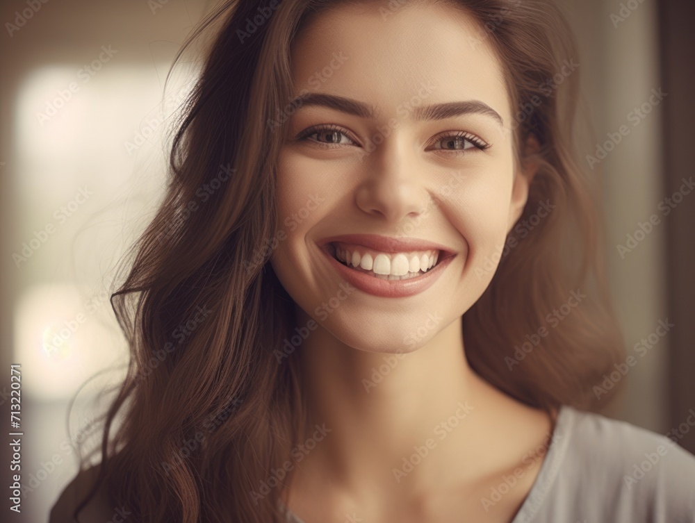Portrait of young happy woman looks in camera Portrait of young happy woman looks in camera