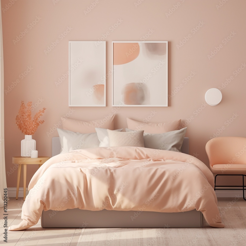 3d render of pink bedroom interior with two posters and armchair. AI.