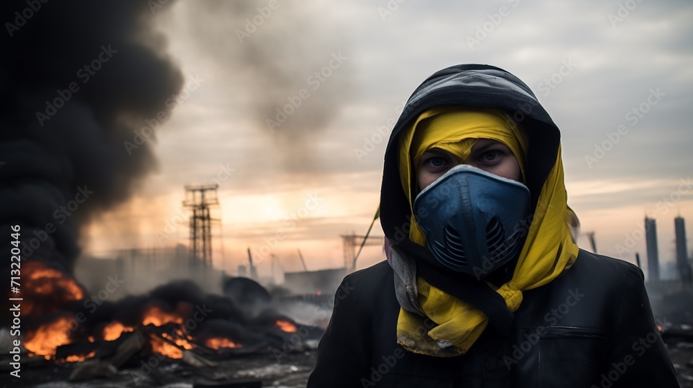 Man in gas mask against the background of burning buildings and smoke.AI. Man in gas mask against the background of burning buildings and smoke.AI.