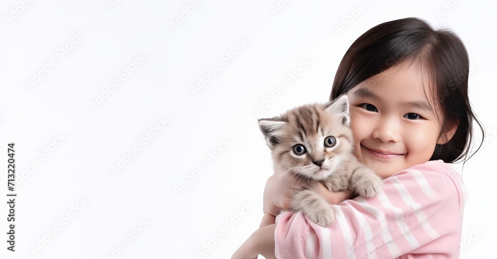 Little Asian girl hugging lovely Persian kitten on isolated white background.