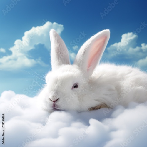 White fluffy rabbit on blue sky background with clouds. Easter concept.AI. © Alex Alex