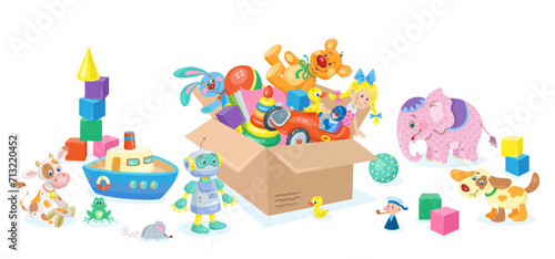 A large box with children's toys and many colorful toys around. In cartoon style. Isolated on white background. Vector flat illustration