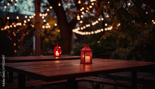 dining tables under a lights on a roof covered in trees