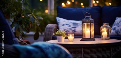 an outdoor dining area with lights strung on it