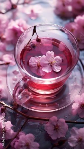 a cup of pink tea with flowers in it