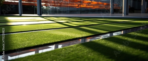 a green field with artificial grass and some sunbeams