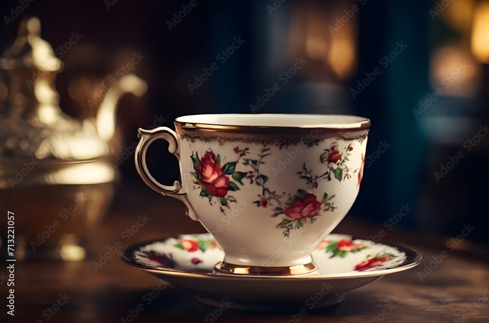 Fototapeta premium classic tea cup on the table blurred background