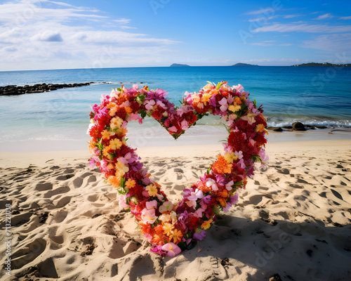Heart shape made of flowers on the beach with blue sky background.