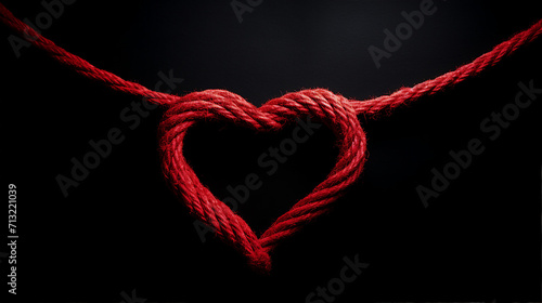 Timeless Love: Red Heart with Bundle Rope on Black Background, Perfect for Romantic Promotions and Text Spaces