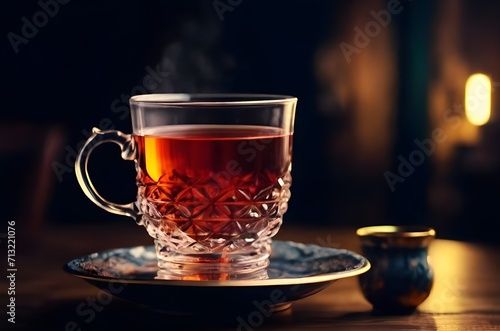 classic tea cup on the table blurred background