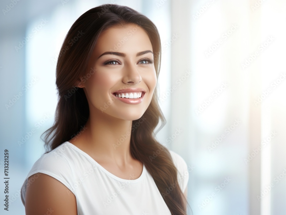 Beautiful wide smile of healthy woman, white teeth close up. Generative AI Beautiful wide smile of healthy woman, white teeth close up. Generative AI