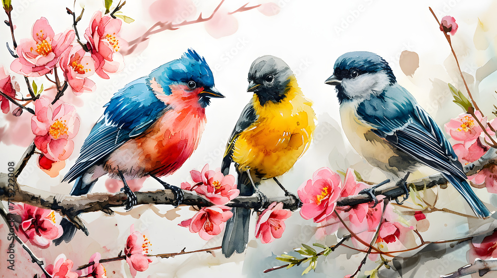 Watercolor Birds on Blossoming Branch. Generative AI