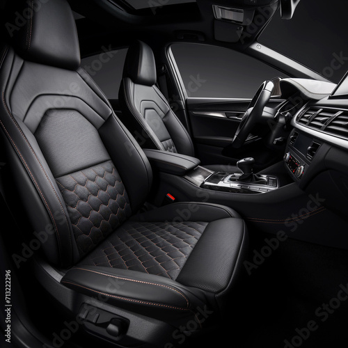 Modern, stylish interior design of a sports car inside with black leather seats. No people. Minimalistic interior