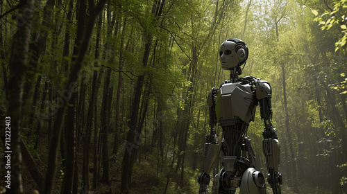 Business and Artificial Intelligence. Using artificial intelligence against global warming. Robot standing in green forest standing in trees. Save the earth. Global warming