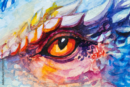 Dragon face colorful paint in watercolor on a white background in a realistic manner, colorful, rainbow.