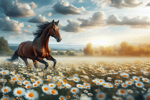 Dark horse in a summer landscape gallops through a chamomile field against a background of blue sky with clouds on a sunny day