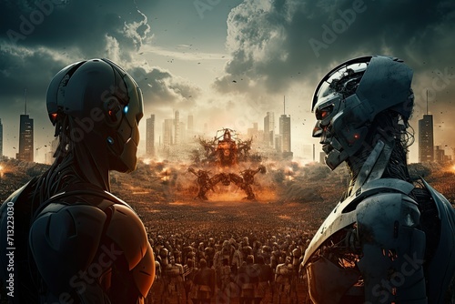 Cyborgs fighting in the city, 3D render, Cyborgs in front of a burning city, human vs robot, ai clash, futuristic Robots, ai robotic war, futuristic concepts, sci-fi characters.