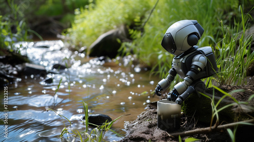 Business and Artificial Intelligence. Robot standing next to dirty flowing stream. Using artificial intelligence against global warming. Save the earth. Global warming