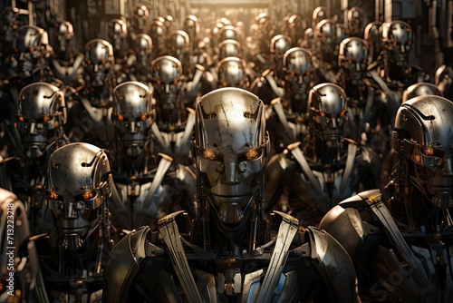 Group of futuristic soldier robots and cyborgs, 3d render, a group cyborgs in a mission, invasion of military robots warfare, science fiction, futuristic technology concept.