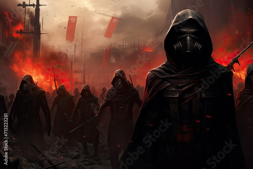 Group of people in a gas mask against the background of a burning city, rebel warriors with gas masks in a destroyed city, war concept, Post apocalypse world. photo