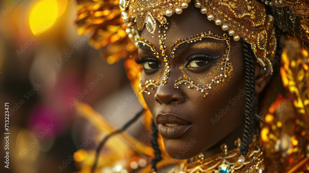 Close-Up Portrait: Dark-Skinned Black Woman in Ornate Caribbean Carnival Costume. Vibrant Chaos Celebrating Cultural Heritage.




