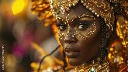 Close-Up Portrait: Dark-Skinned Black Woman in Ornate Caribbean Carnival Costume. Vibrant Chaos Celebrating Cultural Heritage.