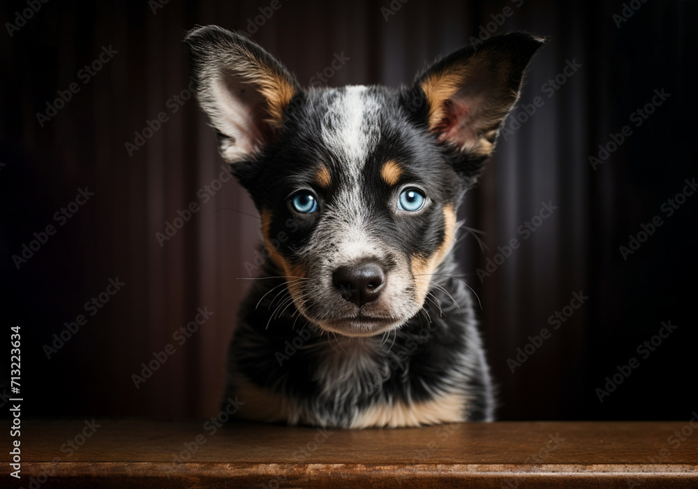 small Australian heeler puppy in a dark room small Australian heeler puppy in a dark room