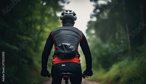 Close up of man in sport clothing standing behind nature with black bicycle. Athlete cyclist in outdoor nature healthy active lifestyles. © Virgo Studio Maple
