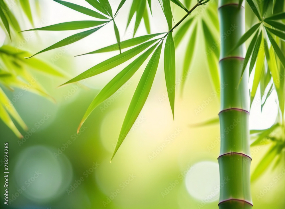 Obraz premium Bamboo leaves, Green leaf on blurred greenery background. Fresh Bamboo Trees In Forest With Blurred Background in sunlight. Natural background