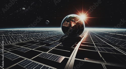 illustrazione concettuale di sostenibilità energetica, spazio con pianeti e strutture tecnologiche per la produzione di energia photo