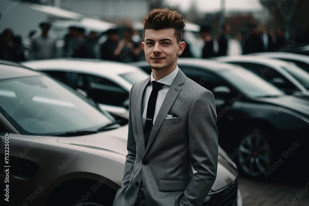 A stylish man confidently stands amidst a row of sleek cars, exuding sophistication and success with his impeccable suit and commanding presence