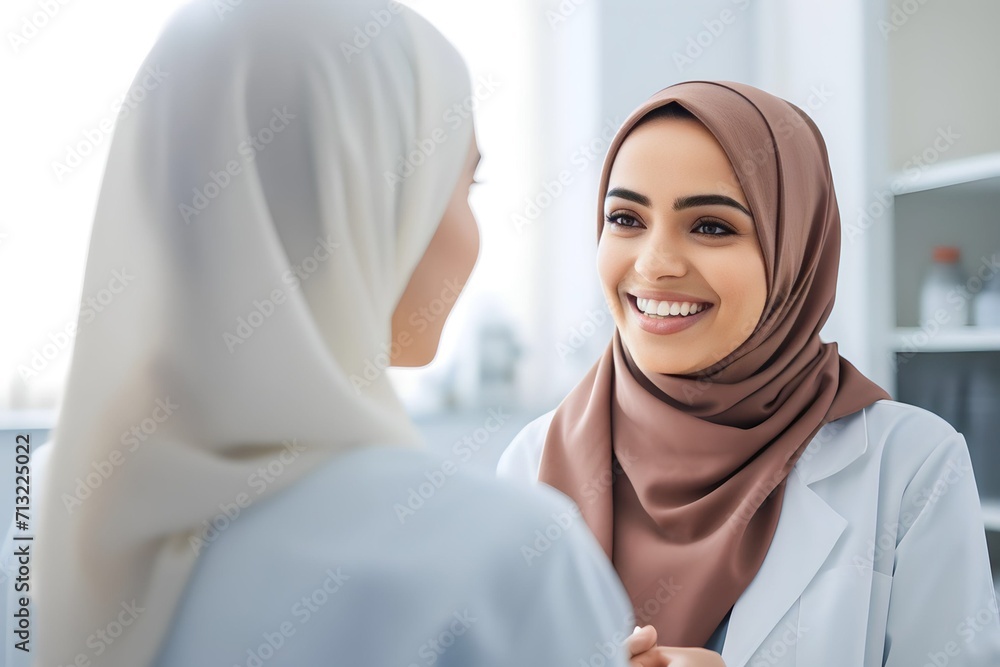 Friendly muslim female doctor with patient in exam room