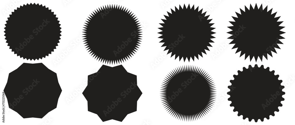 Set of black price sticker, sale or discount sticker, sunburst badges icon. Stars shape with different number of rays. Special offer price tag. Red starburst promotional badge set, shopping labels - obrazy, fototapety, plakaty 