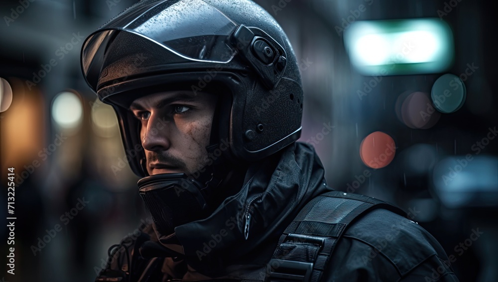 A stoic figure clad in protective armour and a helmet gazes down the bustling street, concealing his human face from the chaos of the world A stoic figure clad in protective armour and a helmet gazes down the bustling street, concealing his human face from the chaos of the world