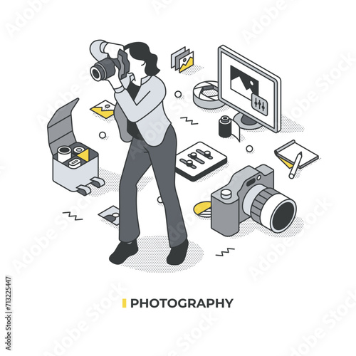 Photography and the essence of being a photographer. A female with a professional camera is taking photos, surrounded by various objects and tools related to the creative profession