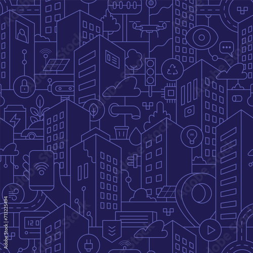 A seamless vector pattern of a smart city that integrates various technologies and data-driven solutions. Dark-themed background
