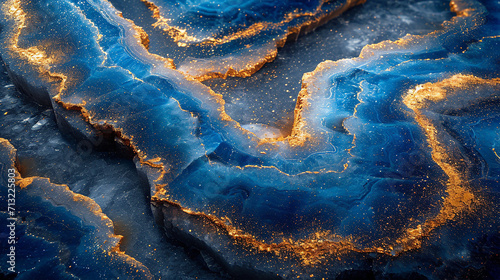 Sapphire blue marble stone with gold vein. Vivid graphite texture geode wallpaper background photo