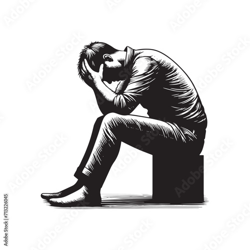 Gloom Symphony: A Captivating Display of Sad Man Silhouettes in an Artistic Overture of Melancholy - Depression Illustration - Anxiety Vector
