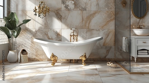 A luxurious bathroom with marble tile  a clawfoot bathtub  and gold-accented fixtures