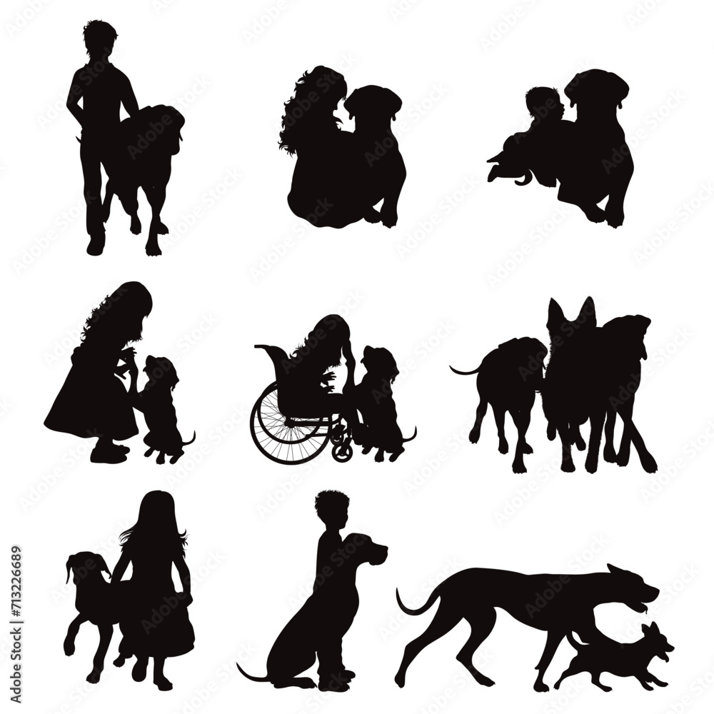 Vector silhouettes of child with his dog on white background. Symbol of pet and canine.