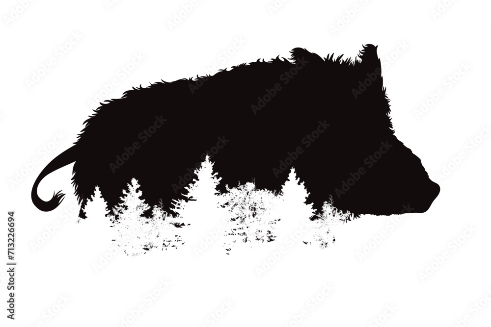 Vector silhouette of wild boar with forest on white background. Symbol of wild animal and nature.