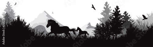 Vector silhouette of a mare and foal running in park. Symbol of nature and farm. photo