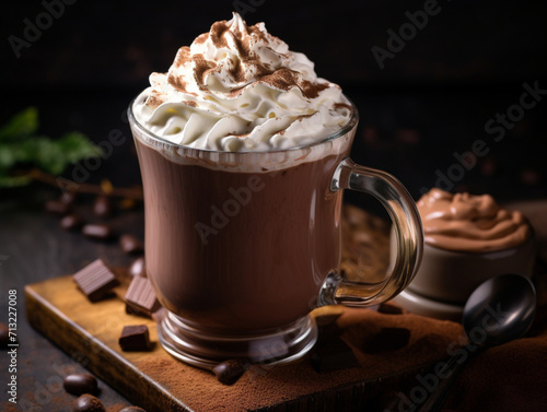 A tempting cup of hot chocolate topped with creamy whipped cream and drizzled with chocolate sauce.