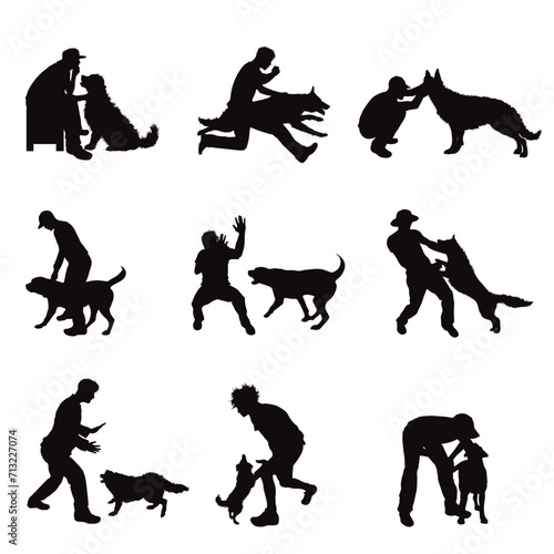 Vector silhouette of a boy with his dog on a white background. Collection of different breeds and situations.