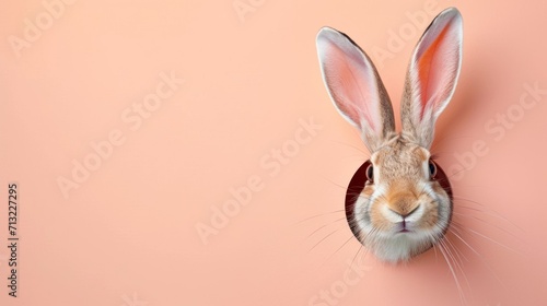 The Easter bunny looks out of a mink on a plain background. concept spring, easter, animals, holiday, banner