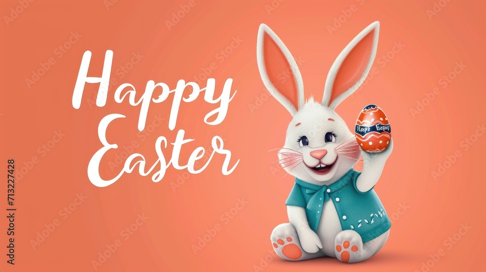card with Easter drawn bunny and egg and text Happy Easter on a peach background. spring concept, congratulations, card with Easter drawn bunny and egg and text Happy Easter on a peach background. spring concept, congratulations,