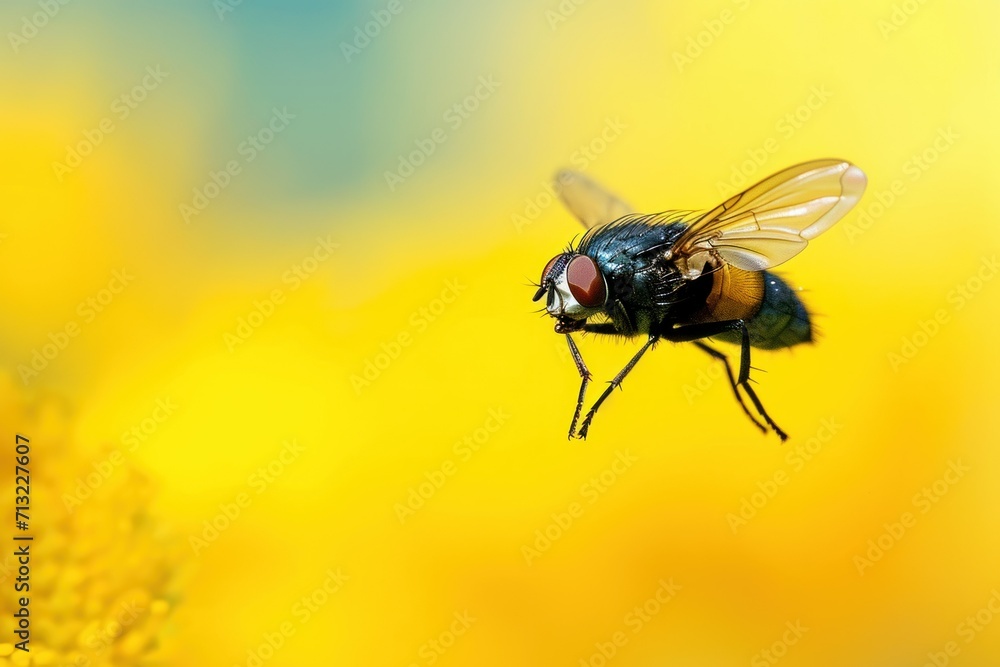 fly close-up on a yellow background. concept insects, spring, flies fly close-up on a yellow background. concept insects, spring, flies