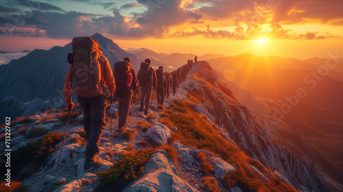 a group of people with backpacks walking one after the other on a lightly snow-covered mountain ridge against the background of a beautiful sky and sunrise or sunset showing yellow-orange colors © MYKHAILO KUSHEI