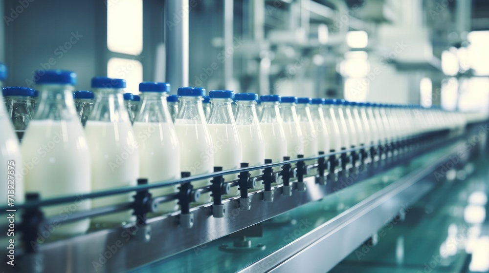 production line at a milk and dairy products factory. concept protein, milk, kefir, yogurt, white, production